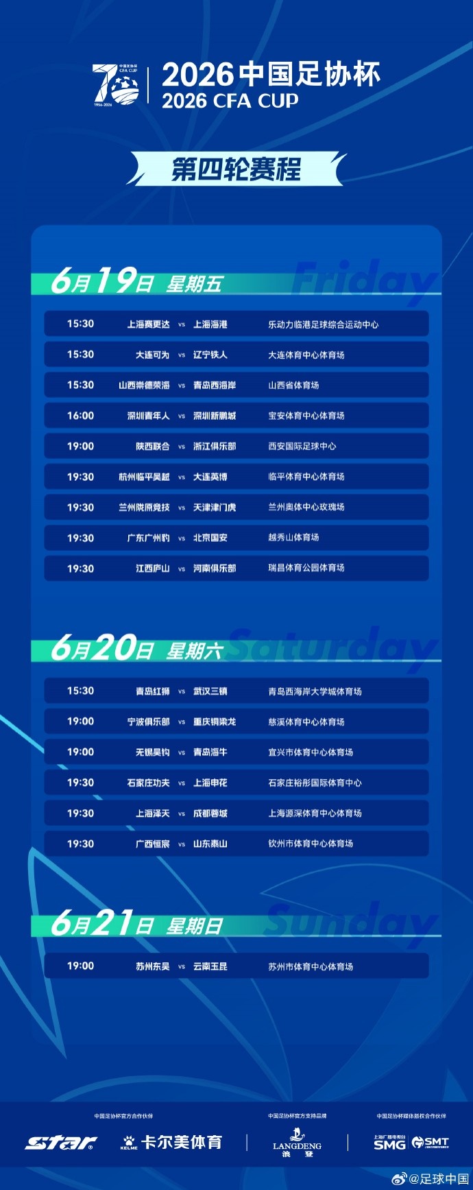 足协杯第4轮赛程出炉 16支中超队6月19-21日全面出击 足协杯第4轮赛程出炉 16支中超队6月19-21日全面出击